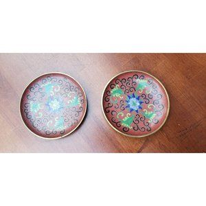 TWO ANTIQUE SMALL CHINESE RED AND FLORAL DESIGN ENAMEL BRASS PLATES CLOISONNE